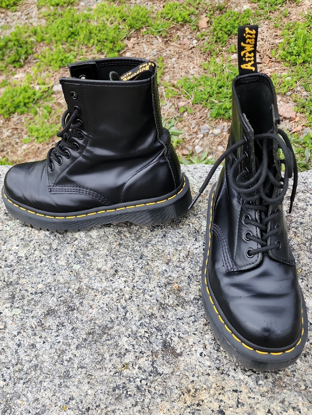 Dr. Martens Black Leather Lace-Up Boots with Yellow Stitching